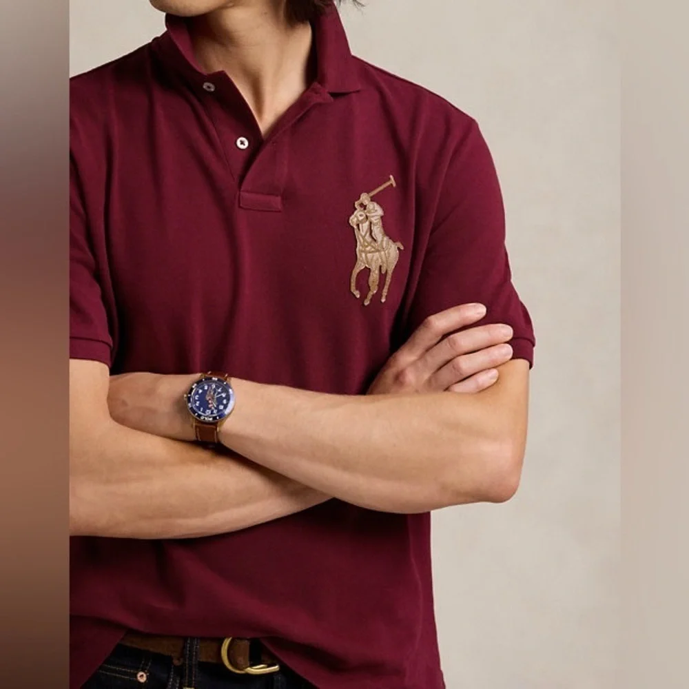 Polo Ralph Lauren Men's Burgundy Polo Shirt slim fit Leather-Pony Mesh Polo